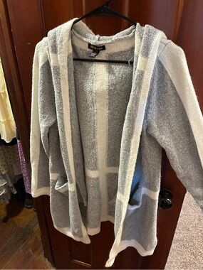 Cozy Hooded Open Cardigan in Gray and Cream by B'Design